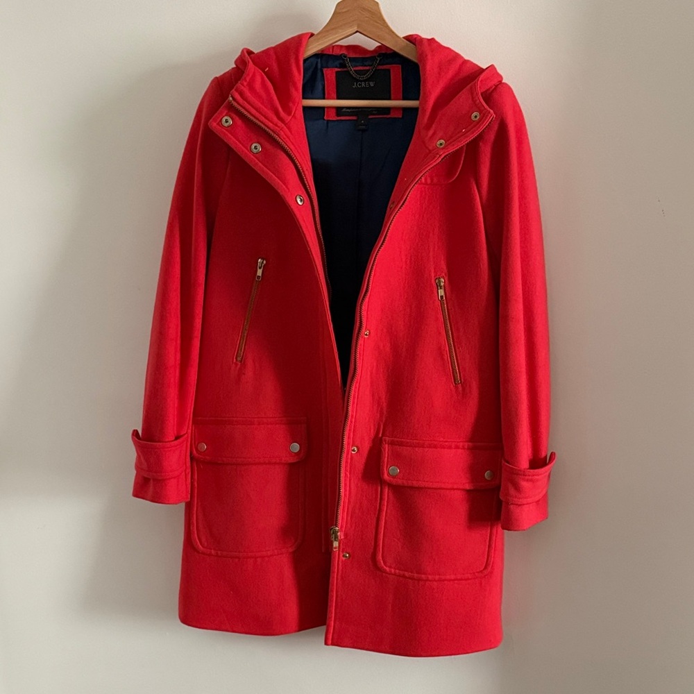 J.Crew Bright Coral Hooded Wool Coat